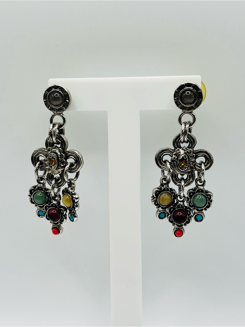 Multicolor Stone Drop Dangle Earrings - Silver Tone